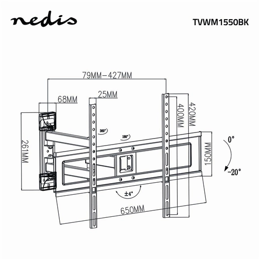 Nedis TVWM1550BK szabadon mozgatható fali TV-tartókonzol