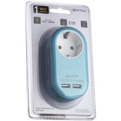   Entac EPAG-1EE-2USB-B hálózati adapter 1 földelt aljzat és 2xUSB (összesen 2,1A), kék